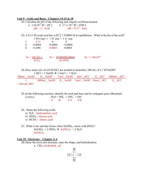 Chemistry 338 2 Semester Final Exam Review Sheet