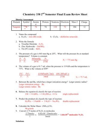 Chemistry 338 2 Semester Final Exam Review Sheet