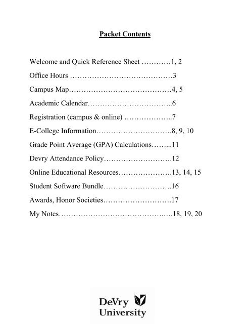 Packet Contents Welcome and Quick Reference ... - DeVry University