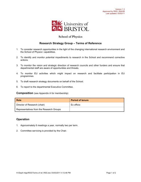 Terms Of Reference Physics University Of Bristol