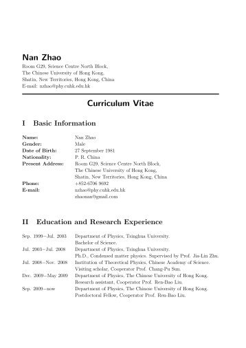 Nan Zhao Curriculum Vitae - Department of Physics - The Chinese ...