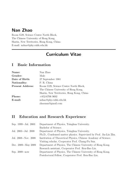 Nan Zhao Curriculum Vitae - Department of Physics - The Chinese ...