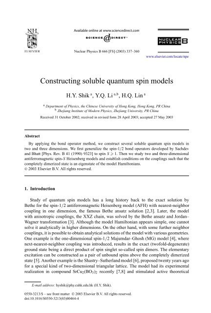 Constructing soluble quantum spin models - Department of Physics ...