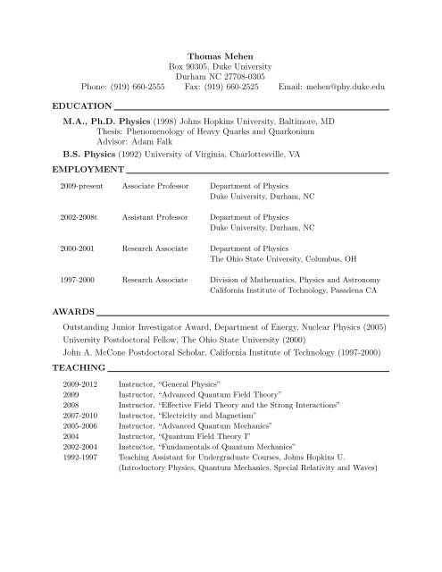 Curriculum Vitae - Duke Physics - Duke University