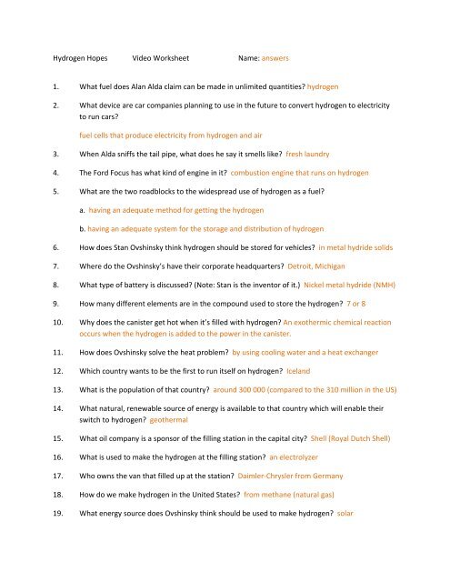 Hydrogen Hopes Video Worksheet Name: answers 1. What fuel ...