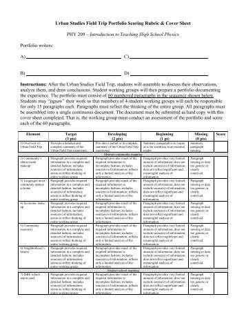 Urban Studies Field Trip Portfolio Scoring Rubric & Cover Sheet ...