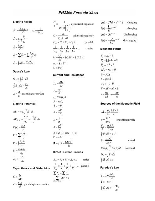 PH2200 Formula Sheet - Physics