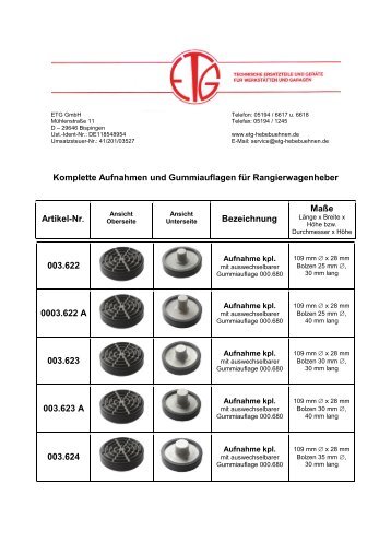 Komplette Aufnahmen und Gummiauflagen für Rangierwagenheber ...