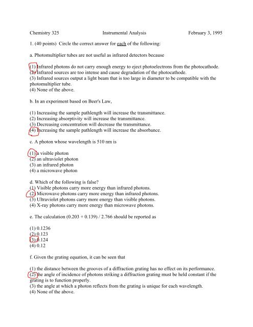 Chemistry 325 Instrumental Analysis February 3, 1995 1 Exam 1 ...