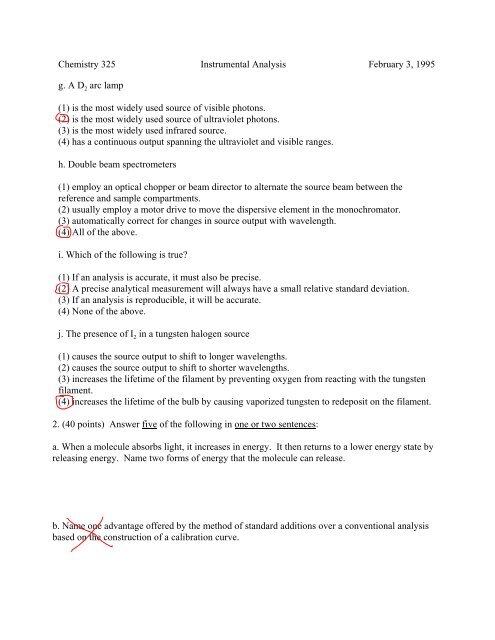 Chemistry 325 Instrumental Analysis February 3, 1995 1 Exam 1 ...