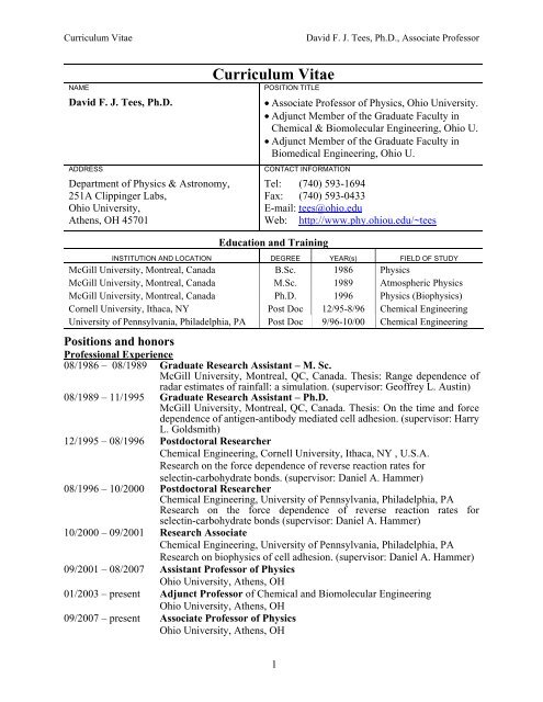 Curriculum Vitae (PDF) - Department of Physics & Astronomy - Ohio ...