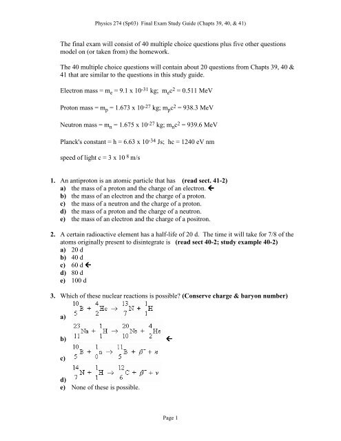 (with correct answers indicated by arrows) for the final exam.