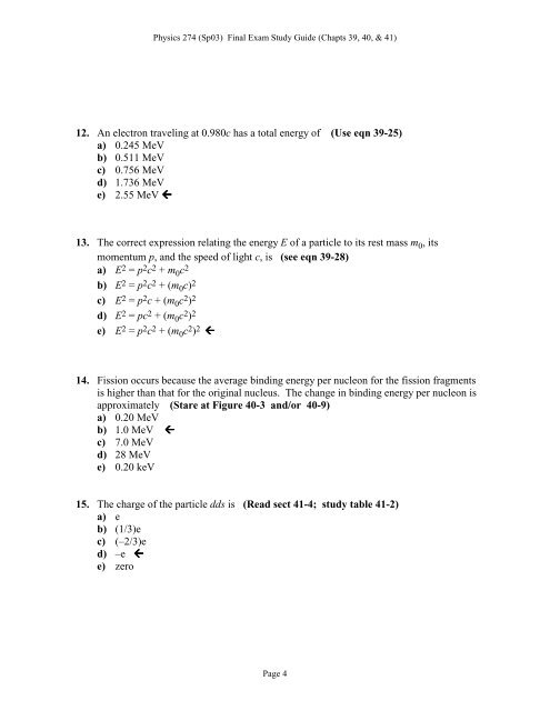 (with correct answers indicated by arrows) for the final exam.