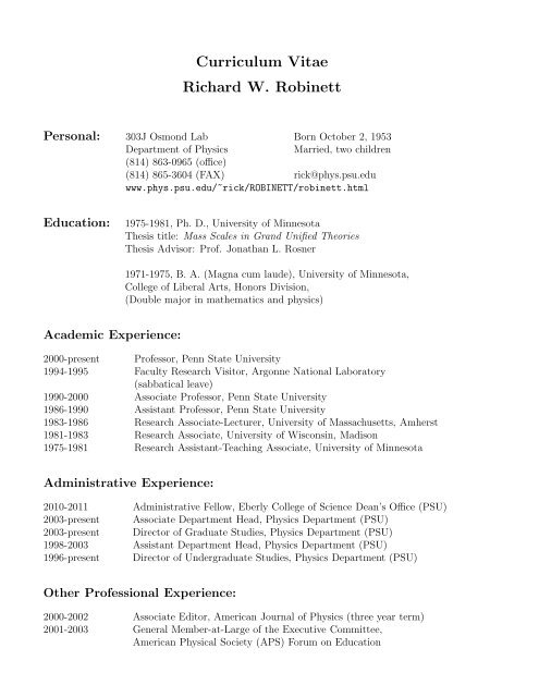 Curriculum Vitae Richard W. Robinett - Department of Physics ...