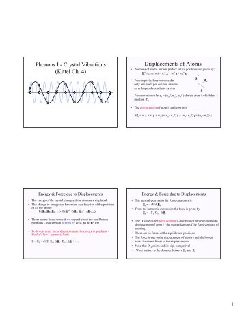 Phonons I - Crystal Vibrations (Kittel Ch. 4) Displacements of Atoms