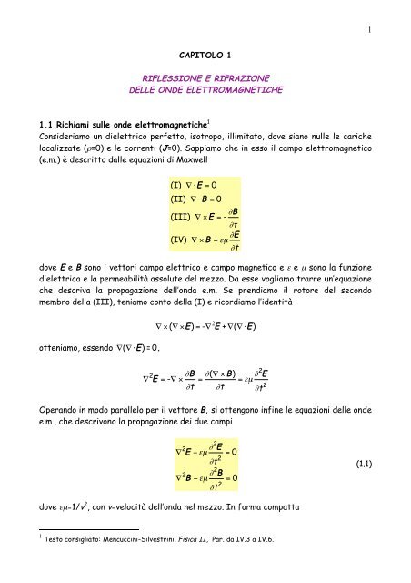 1 CAPITOLO 1 RIFLESSIONE E RIFRAZIONE DELLE ONDE ... - Fisica