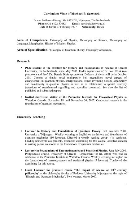 Curriculum Vitae of Michael P. Seevinck Research University ...