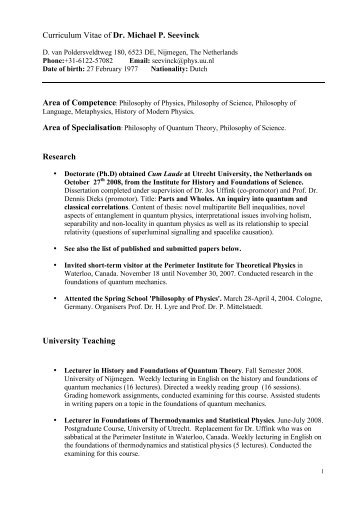 Curriculum Vitae of Dr. Michael P. Seevinck Research University ...
