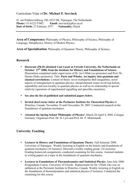 Curriculum Vitae of Dr. Michael P. Seevinck Research University ...