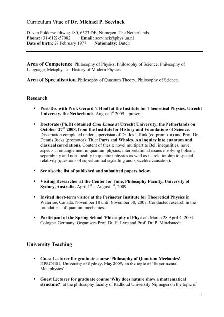 Curriculum Vitae of Dr. Michael P. Seevinck Research University ...