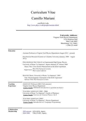 Curriculum Vitae Camillo Mariani - Physics - Virginia Tech