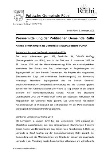 Politische Gemeinde Rüthi Pressemitteilung der Politischen ...
