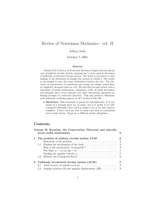 Review of Newtonian Mechanics - vol. II - Physics