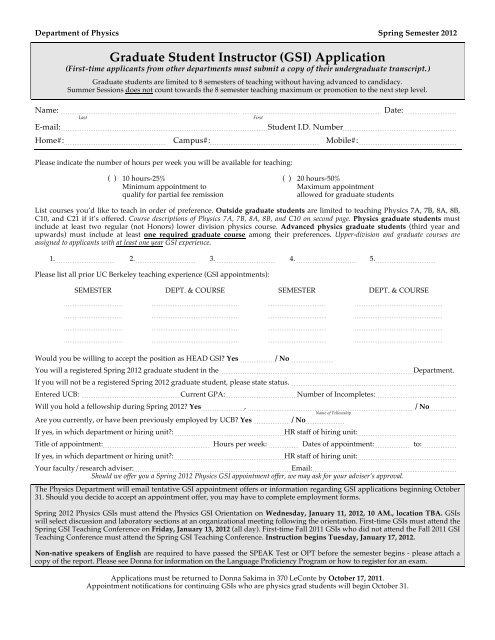 Graduate Student Instructor (GSI) Application - Physics