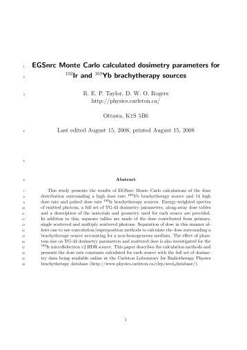 EGSnrc Monte Carlo calculated dosimetry parameters for Ir and Yb ...
