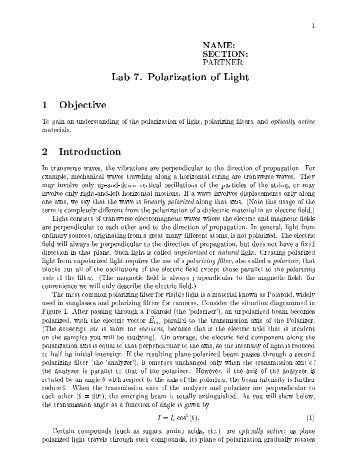 1 NAME: SECTION: PARTNER: Lab 7. Polarization of Light ... - Physics