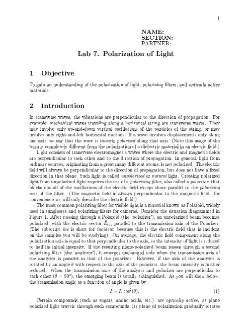 1 NAME: SECTION: PARTNER: Lab 7. Polarization of Light ... - Physics
