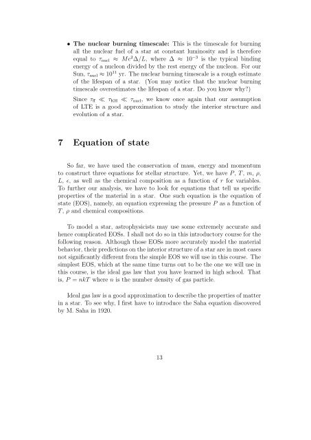 Chapter 2 Stellar Structure Equations 1 Mass conservation equation