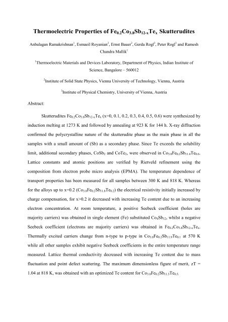 Thermoelectric Properties of Fe0.2Co3.8Sb12-xTex ... - Physics