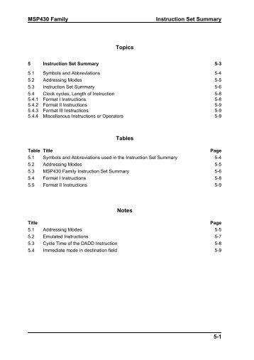 MSP430 Family Instruction Set Summary 5-1 Topics Tables Notes