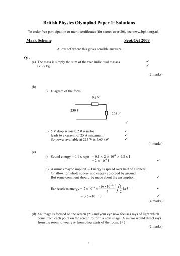 British Physics Olympiad Paper 1: Solutions
