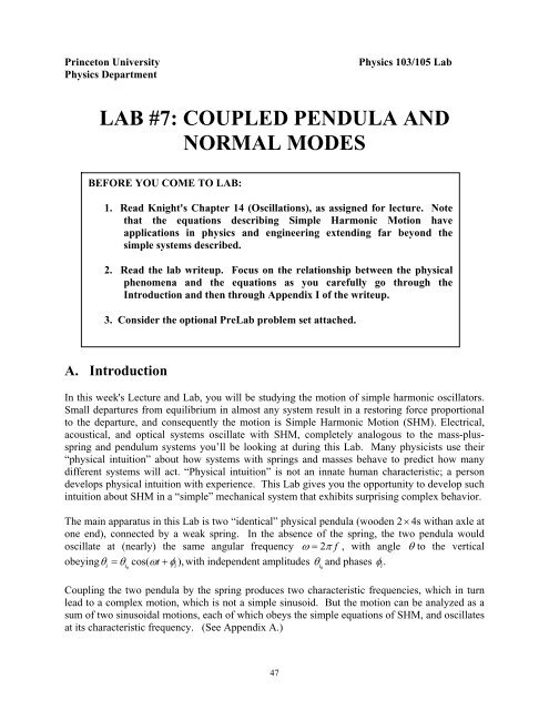 lab #7: coupled pendula and normal modes - Department of Physics ...