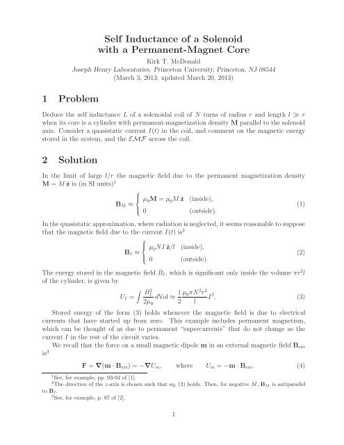 Self Inductance of a Solenoid with a Permanent-Magnet Core 1 ...