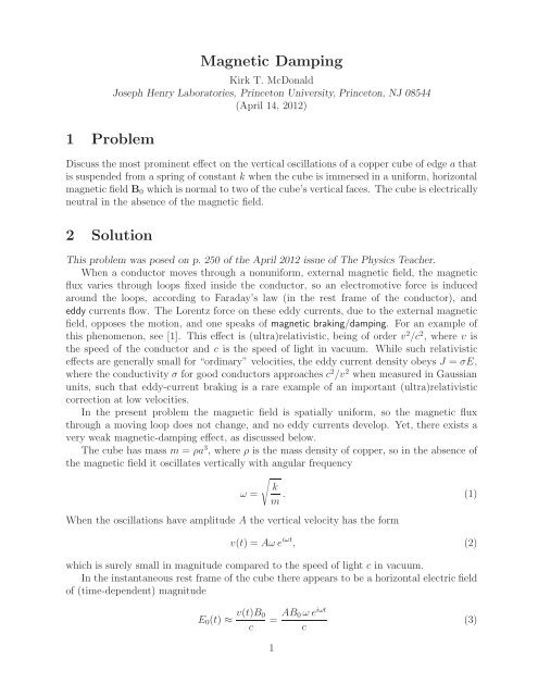 Magnetic Damping 1 Problem 2 Solution - Princeton University