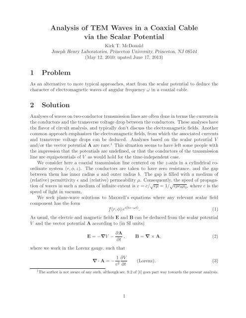 Analysis of TEM Waves in a Coaxial Cable via the Scalar Potential 1 ...