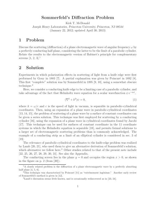 Sommerfeld's Diffraction Problem - Princeton University