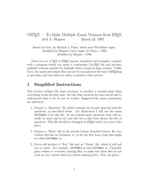 GRTEX â To Make Multiple Exam Versions from LATEX 1 ...