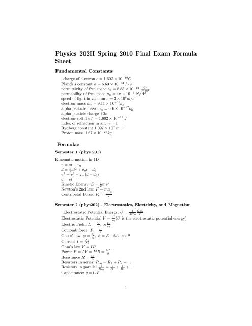 Physics 2h Spring 10 Final Exam Formula Sheet Physics 2h Spring 10 Final Exam Formula Sheet