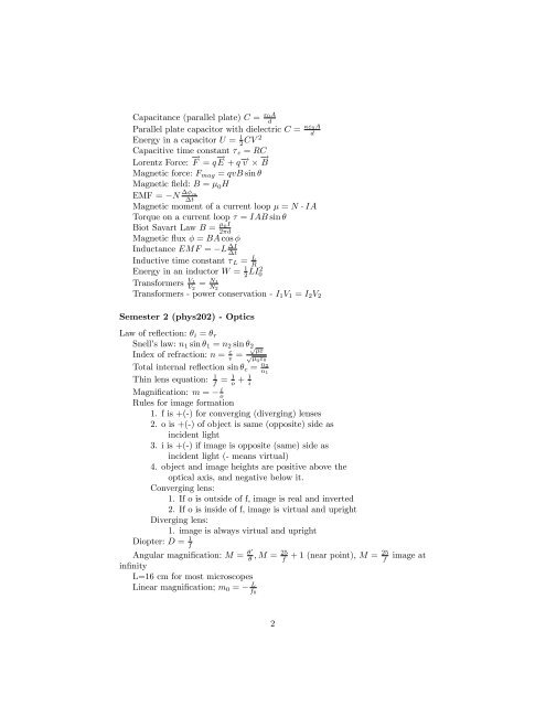 Physics 202H Spring 2010 Final Exam Formula Sheet