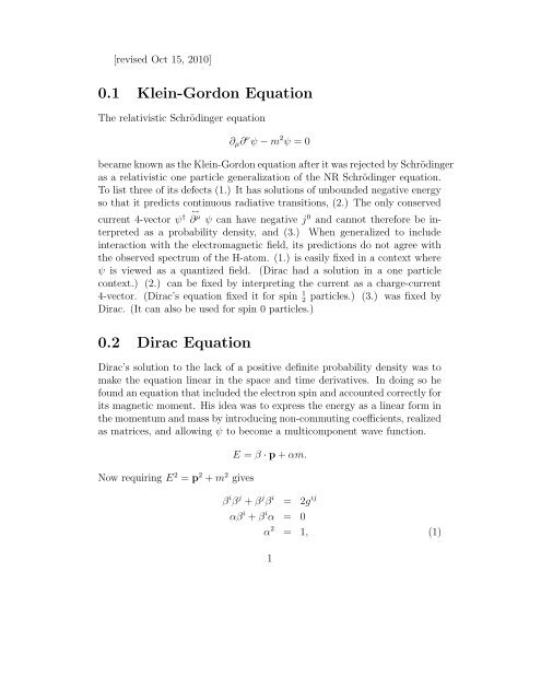 0.1 Klein-Gordon Equation 0.2 Dirac Equation