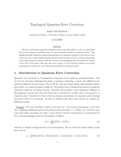 Topological Quantum Error Correction - Department of Physics ...