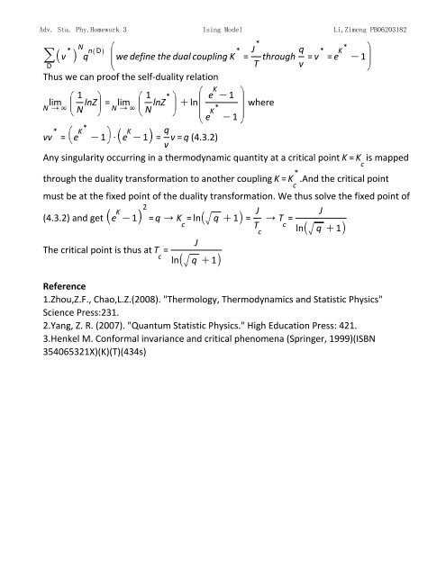 Topics in Statistic Mechanics