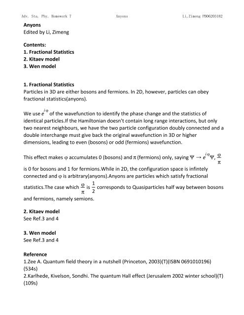 Topics in Statistic Mechanics