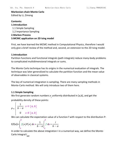 Topics in Statistic Mechanics