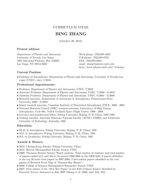 BING ZHANG - UNLV Department of Physics and Astronomy ...