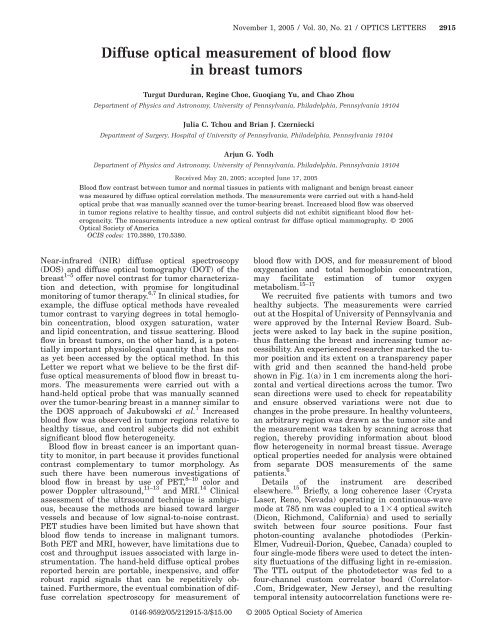 Diffuse optical measurement of blood flow in breast tumors